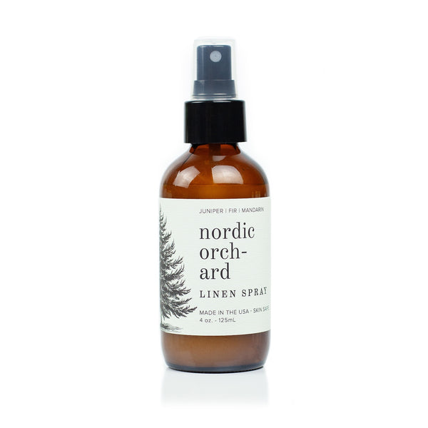 4oz Nordic Orchard Linen Spray on white background.