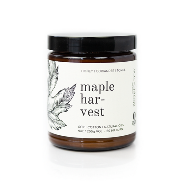 9oz Maple Harvest Soy Candle on white background.