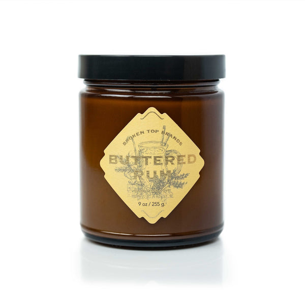 9oz Buttered Rum Soy Candle on white background.