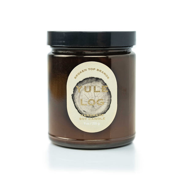 9oz Yule Log Soy Candle on white background.