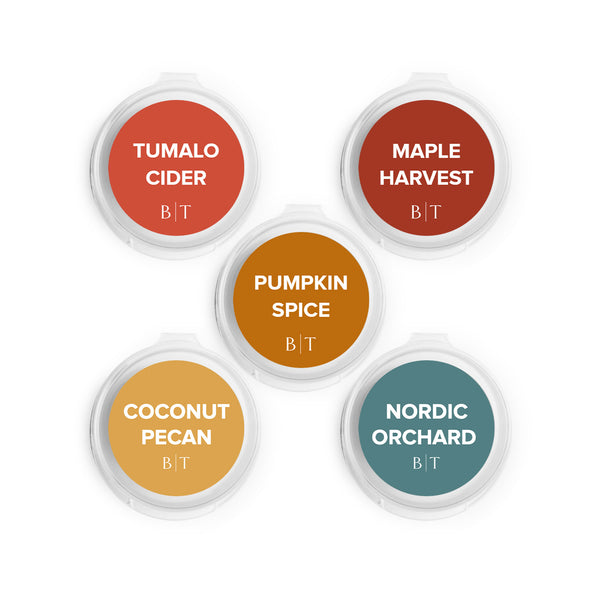 Tumalo Cider, Maple Harvest, Pumpkin Spice, Coconut Pecan, Nordic Orchard Scent Samplers on white background.