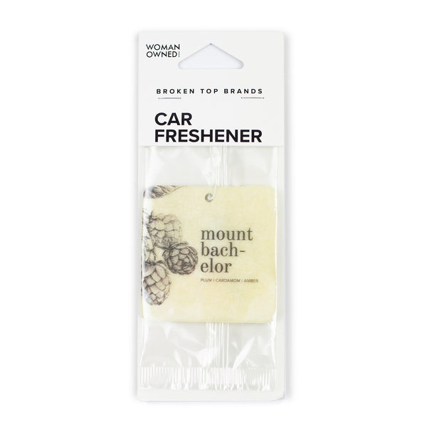 Mount Bachelor Car Freshener on White Background.