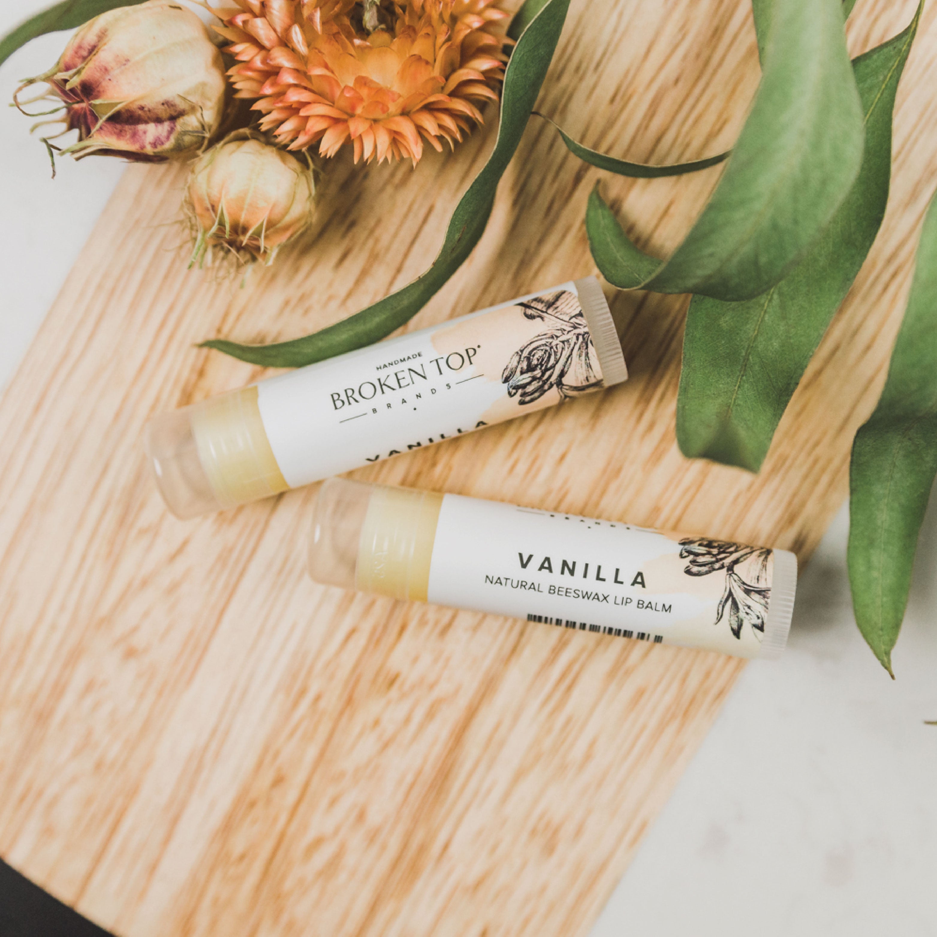 Two Vanilla Lip Balms next to small decorative plants.