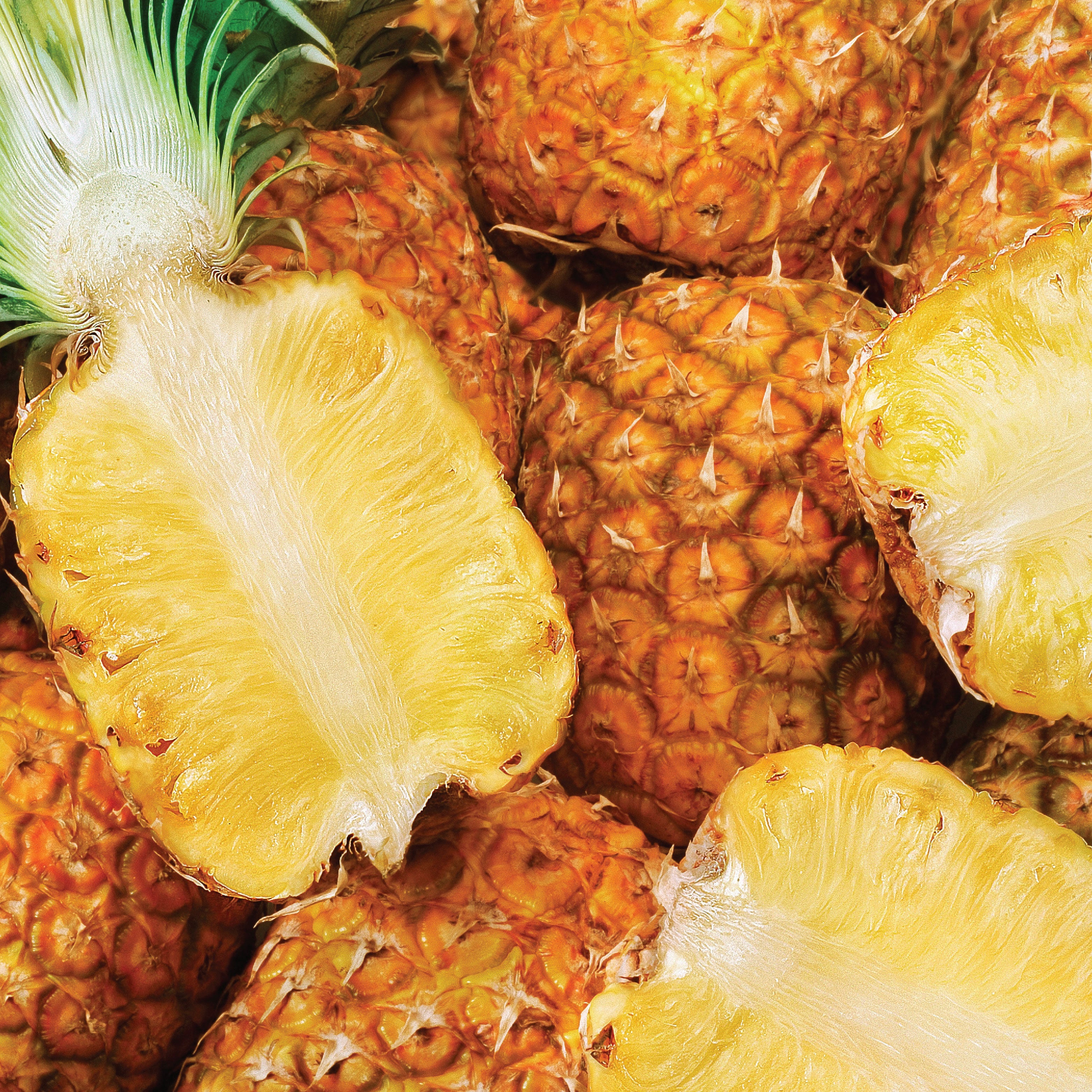 Sliced pineapple atop whole pineapples.