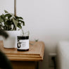 9oz Fresh Squeezed Soy Candle on a table next to a plant. 