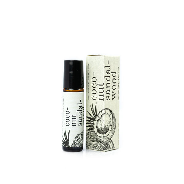 Coconut Sandalwood Roll-On Perfume on white background.