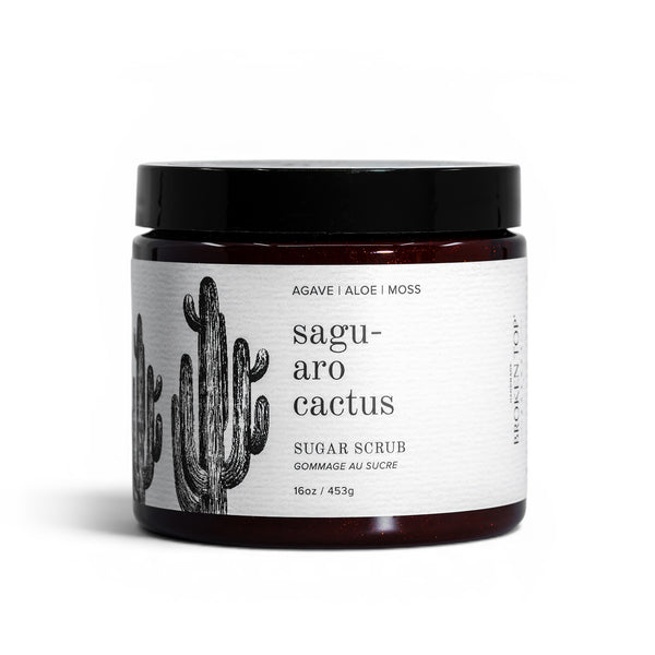 Saguaro Cactus Sugar Scrub jar on a white background. 