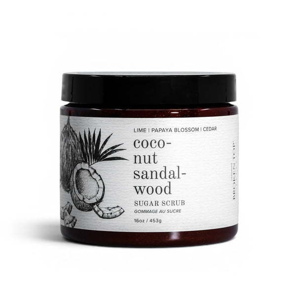 A jar of Coconut Sandalwood Sugar Scrub on a white background.