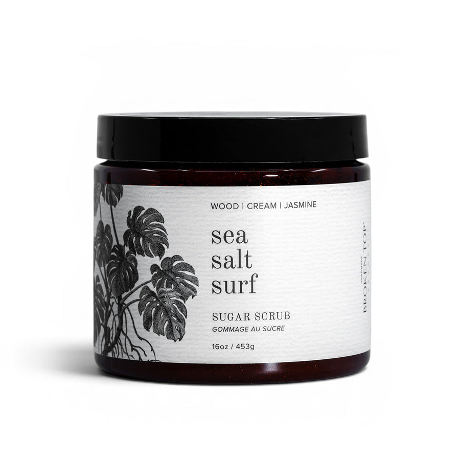 A jar of Sea Salt Surf Sugar Scrub on a white background. 