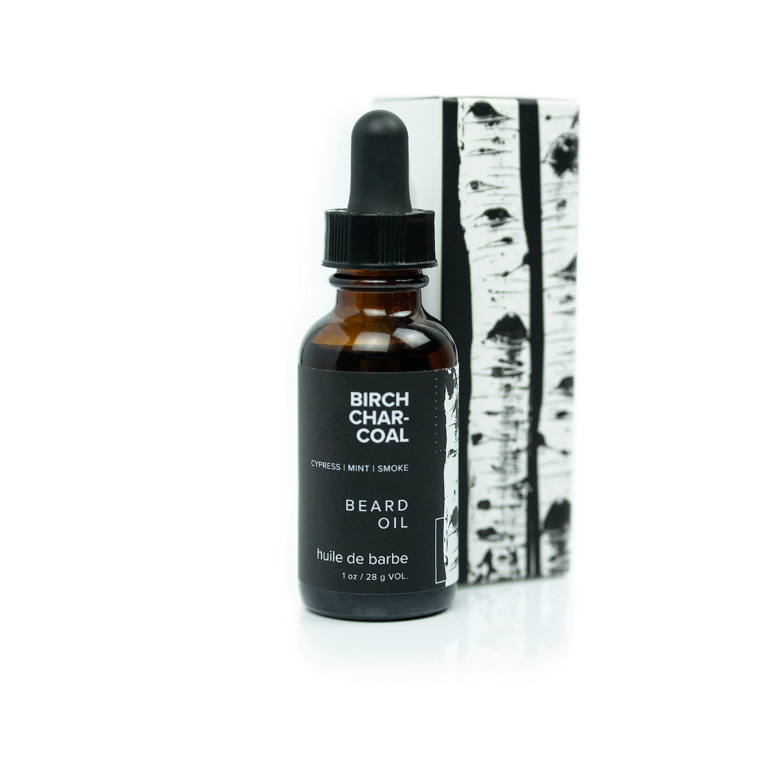 1oz Birch Charcoal Beard Oil on white background. 