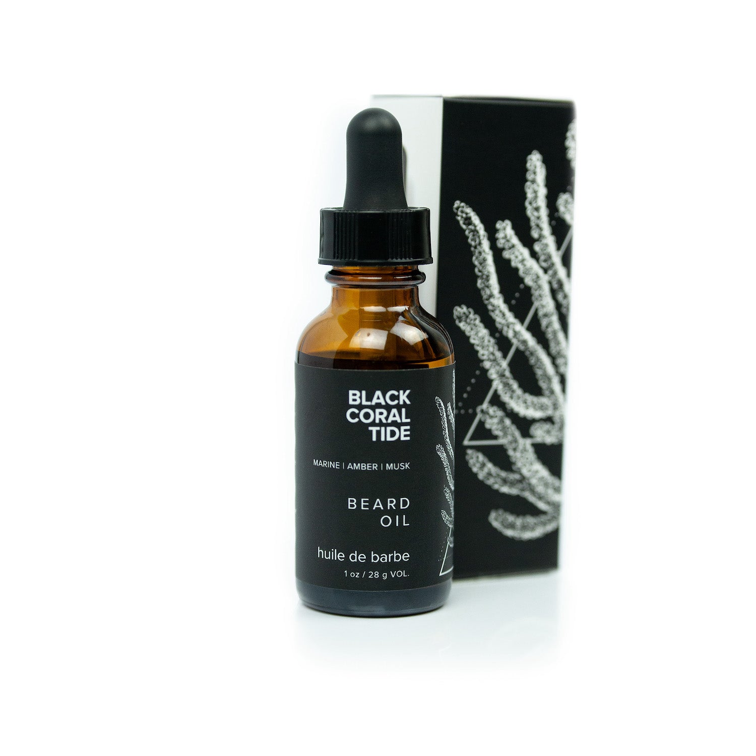 1oz Black Coral Tide Beard Oil on white background. 