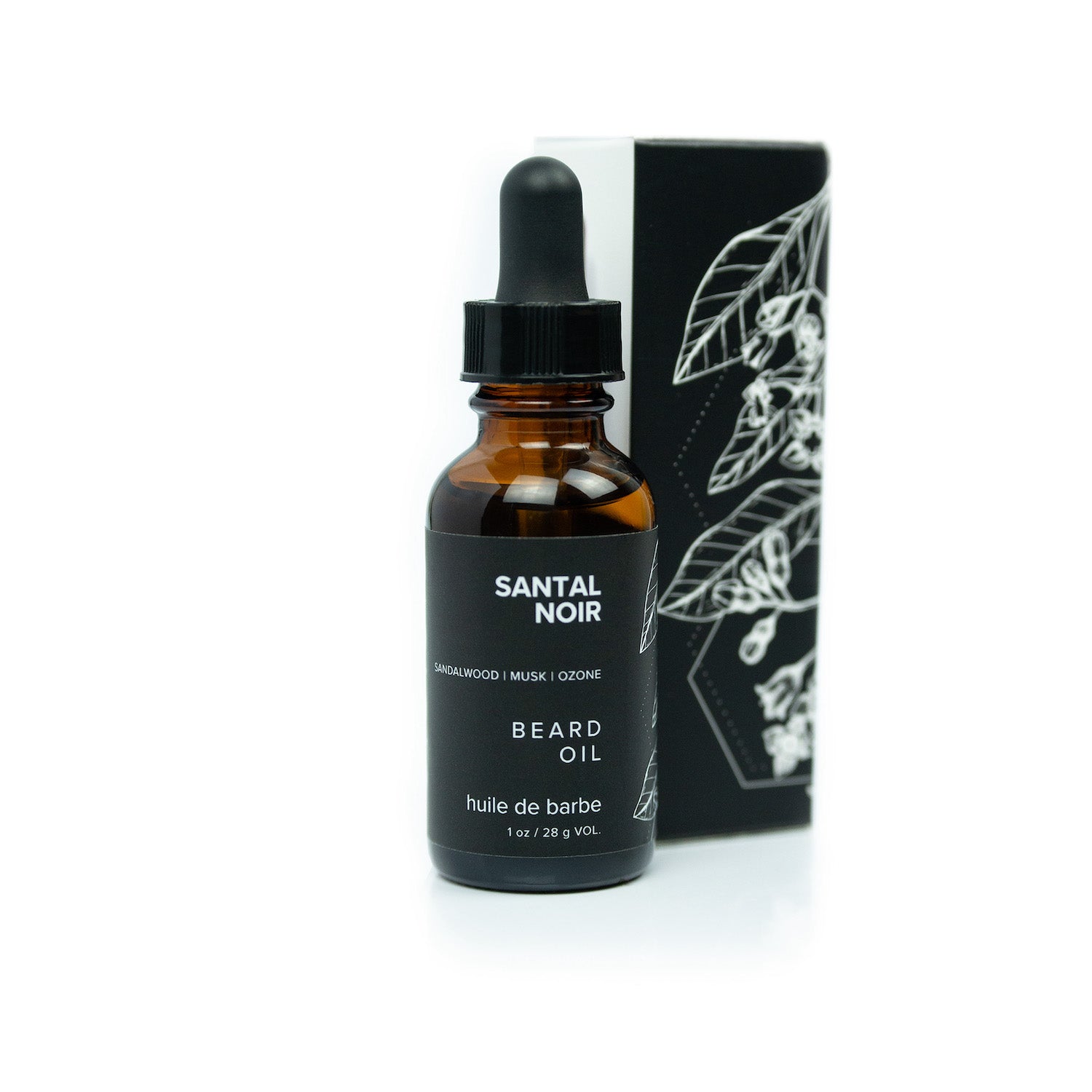 1oz Santal Noir Beard Oil on white background. 