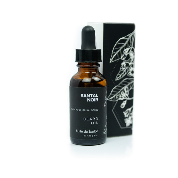 1oz Santal Noir Beard Oil on white background. 