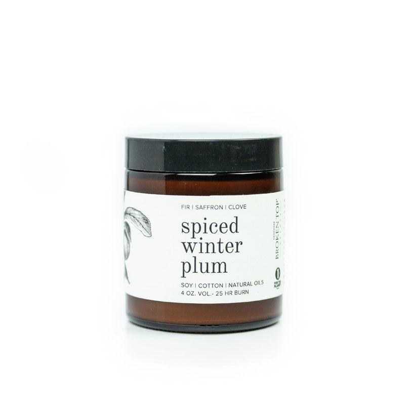 4oz Spiced Winter Plum Soy Candle on white background. 