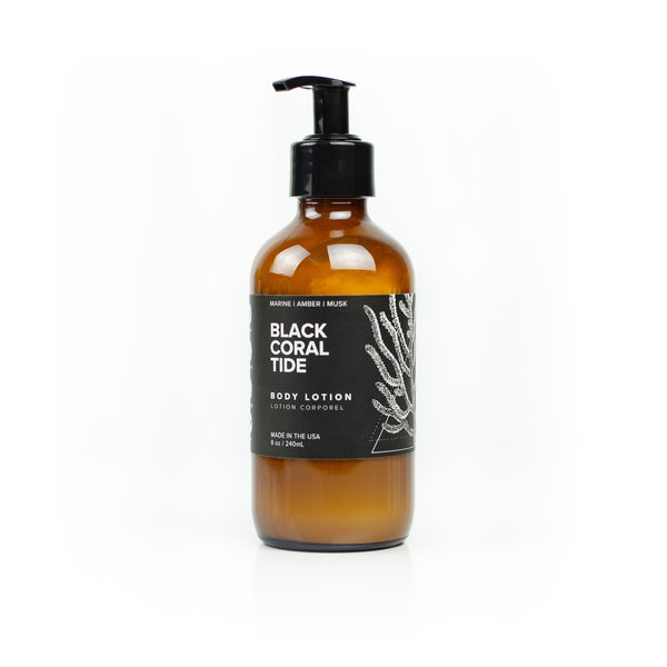 8oz Black Coral Tide Body Lotion on white background. 