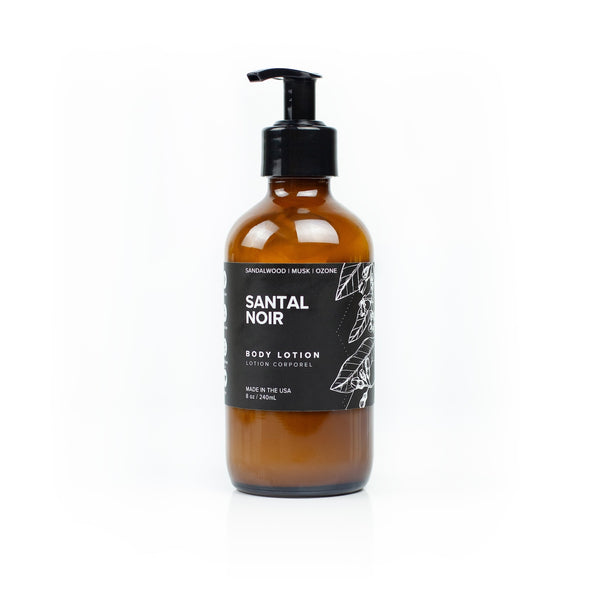 8oz Santal Noir Body Lotion on white background. 