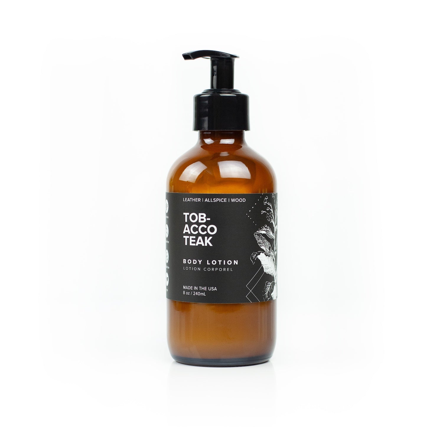 8oz Tobacco Teak Body Lotion on white background. 