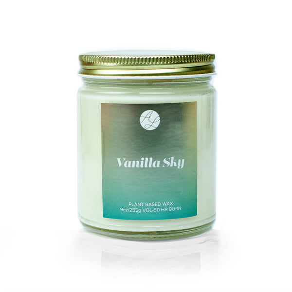 9oz Austy Lou Vanilla Sky Soy Candle on white background. 