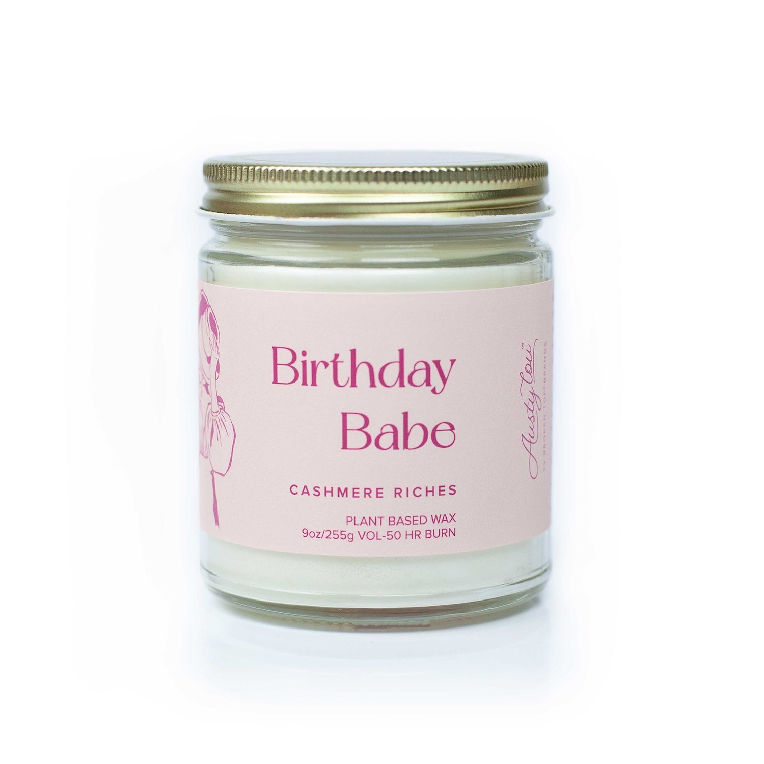 'Birthday Babe' 9oz Soy Candle on white background. 