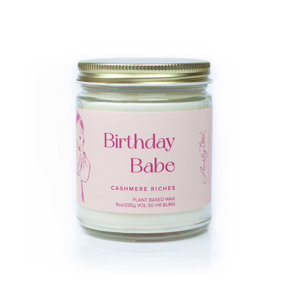 'Birthday Babe' 9oz Soy Candle on white background. 