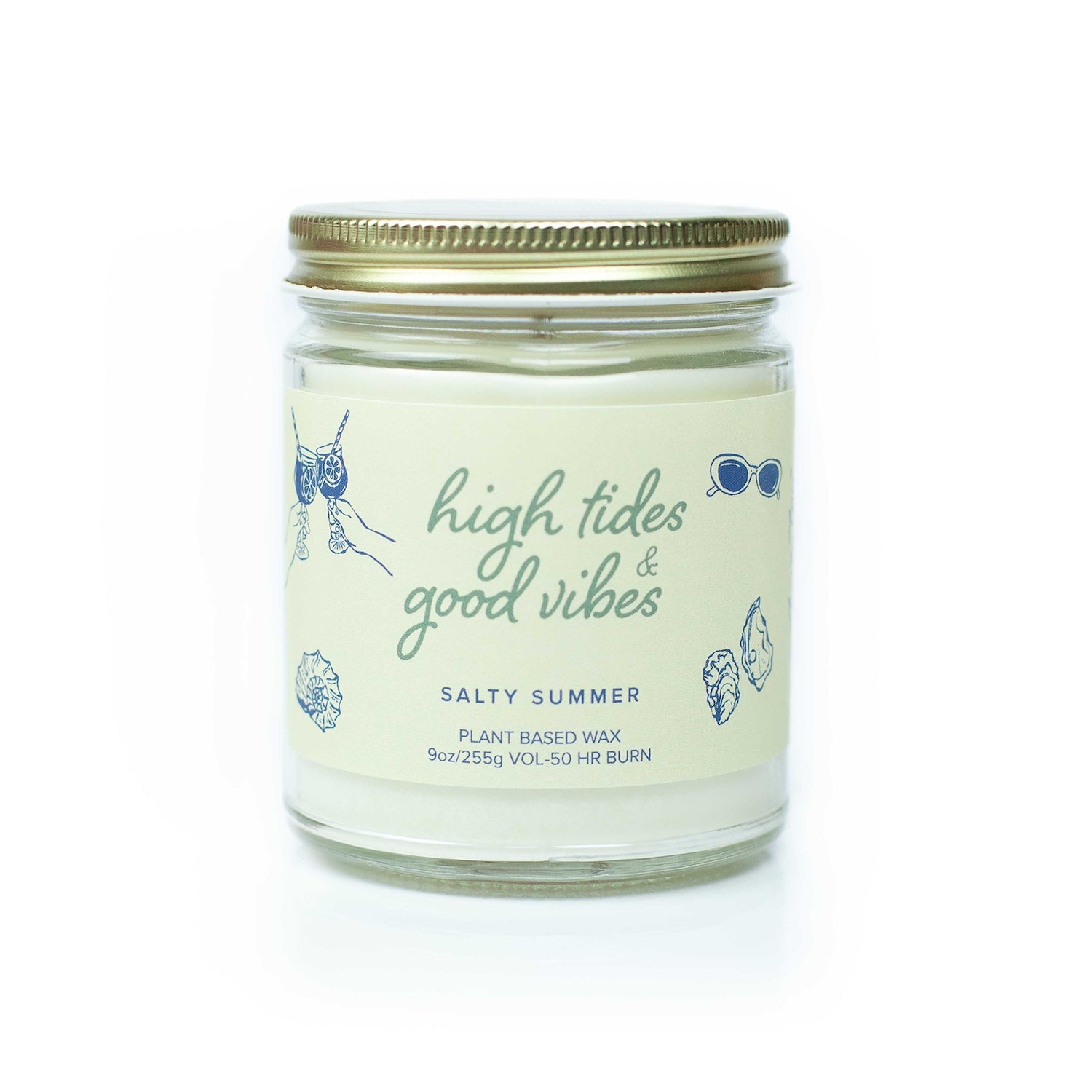 'High Tides & Good Vibes' 9oz Soy Candle on white background. 
