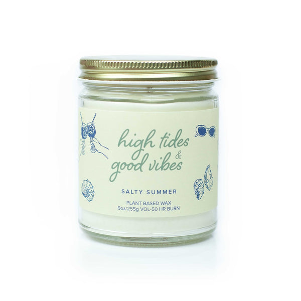 'High Tides & Good Vibes' 9oz Soy Candle on white background. 
