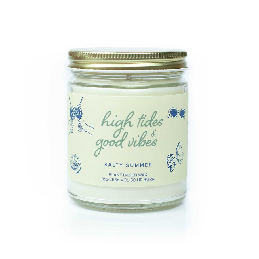 'High Tides & Good Vibes' 9oz Soy Candle on white background. 
