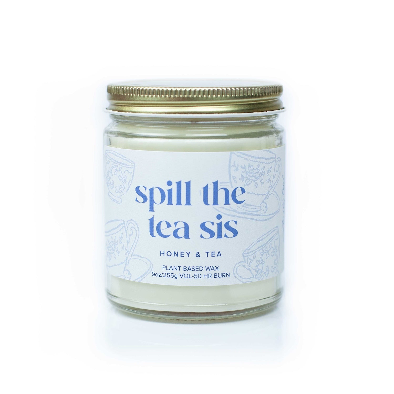 'Spill The Tea Sis' 9oz Soy Candle on white background.