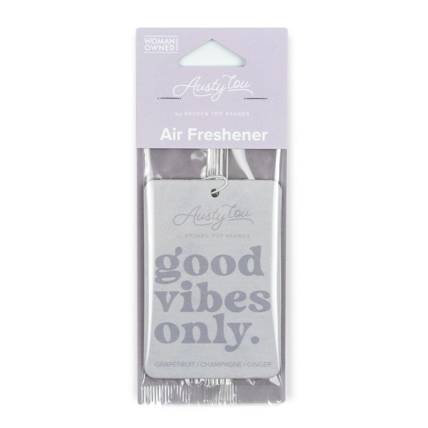 'Good Vibes Only' Air Freshener on white background. 