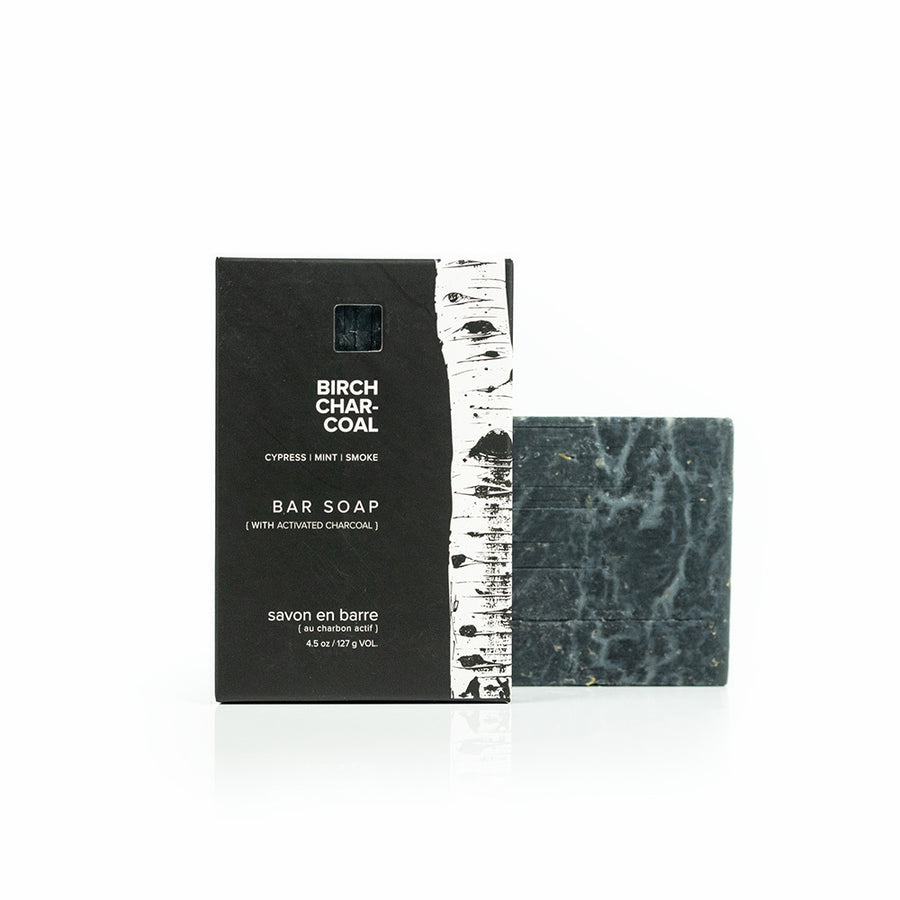 Birch Charcoal Bar Soap on white background. 