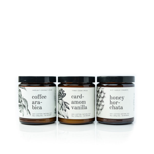 9oz Coffee Arabic, Cardamom Vanilla, and Honey Horchata Soy Candles on white background. 