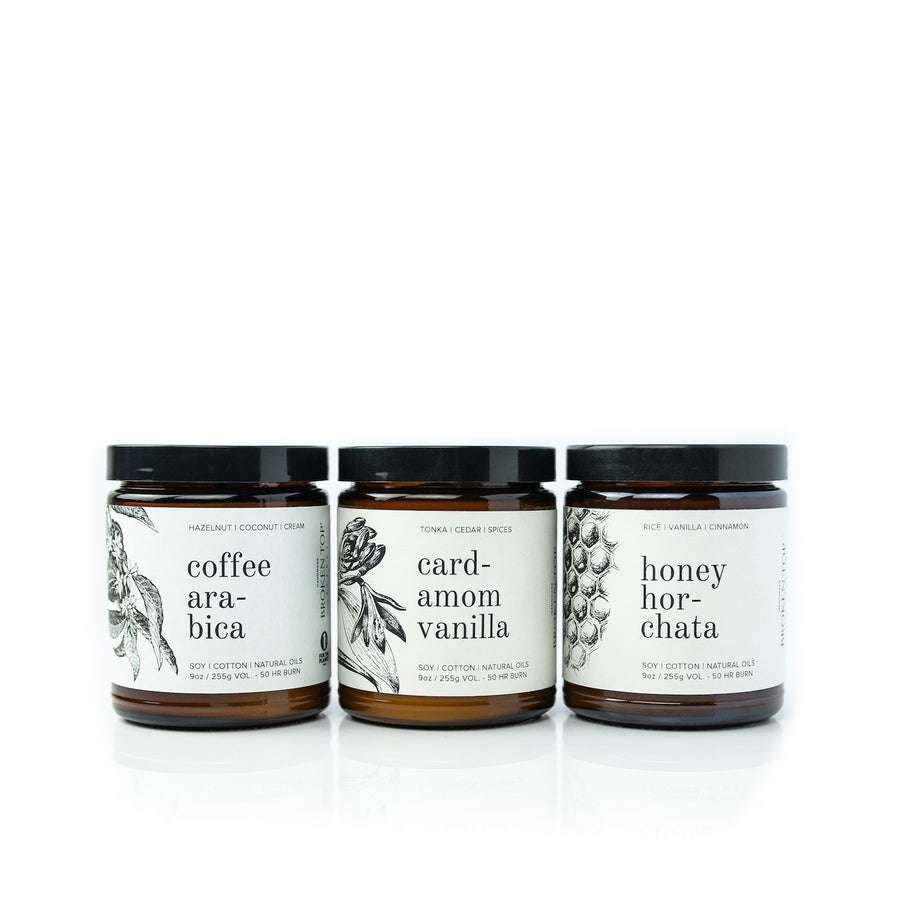 9oz Coffee Arabic, Cardamom Vanilla, and Honey Horchata Soy Candles on white background. 