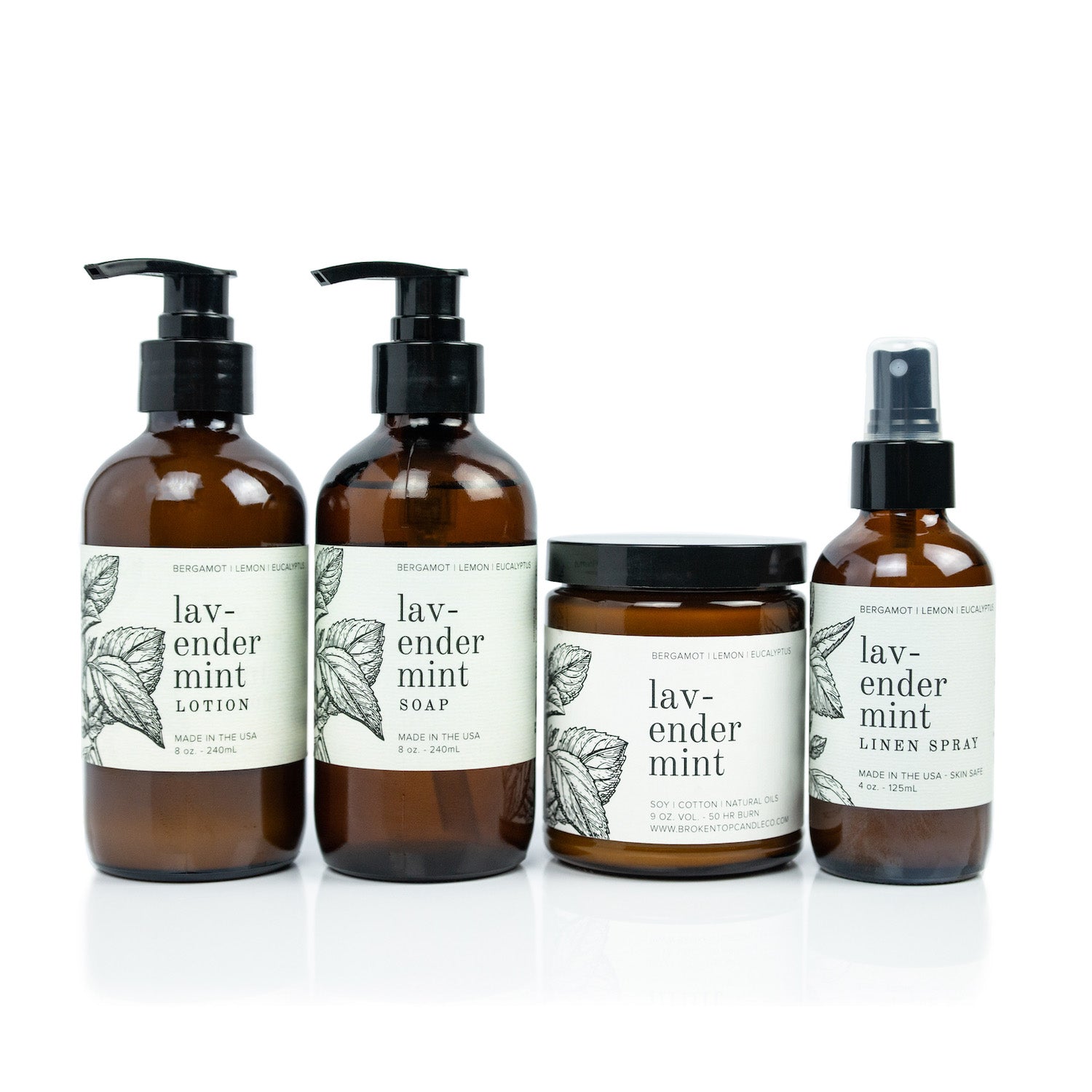 Lavender Mint Bundle including 8oz Lavender Mint Body Lotion, 8oz Lavender Mint Liquid Soap, 9oz Lavender Mint Soy Candle, and 4oz Lavender Mint Linen Spray on white background. 