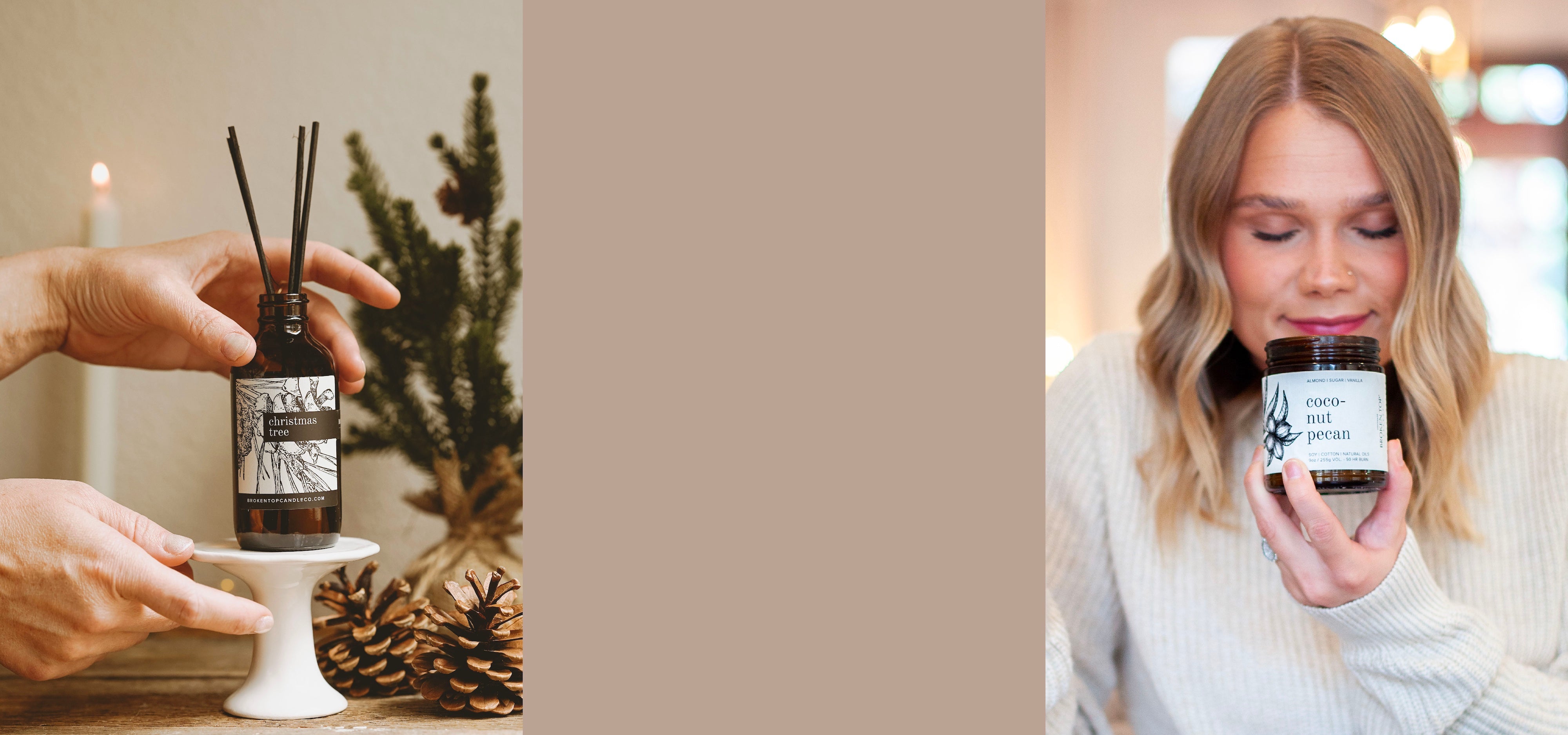 Person holding Christmas Tree Reed Diffuser. Woman smelling 9oz Coconut Pecan Soy Candle. 
