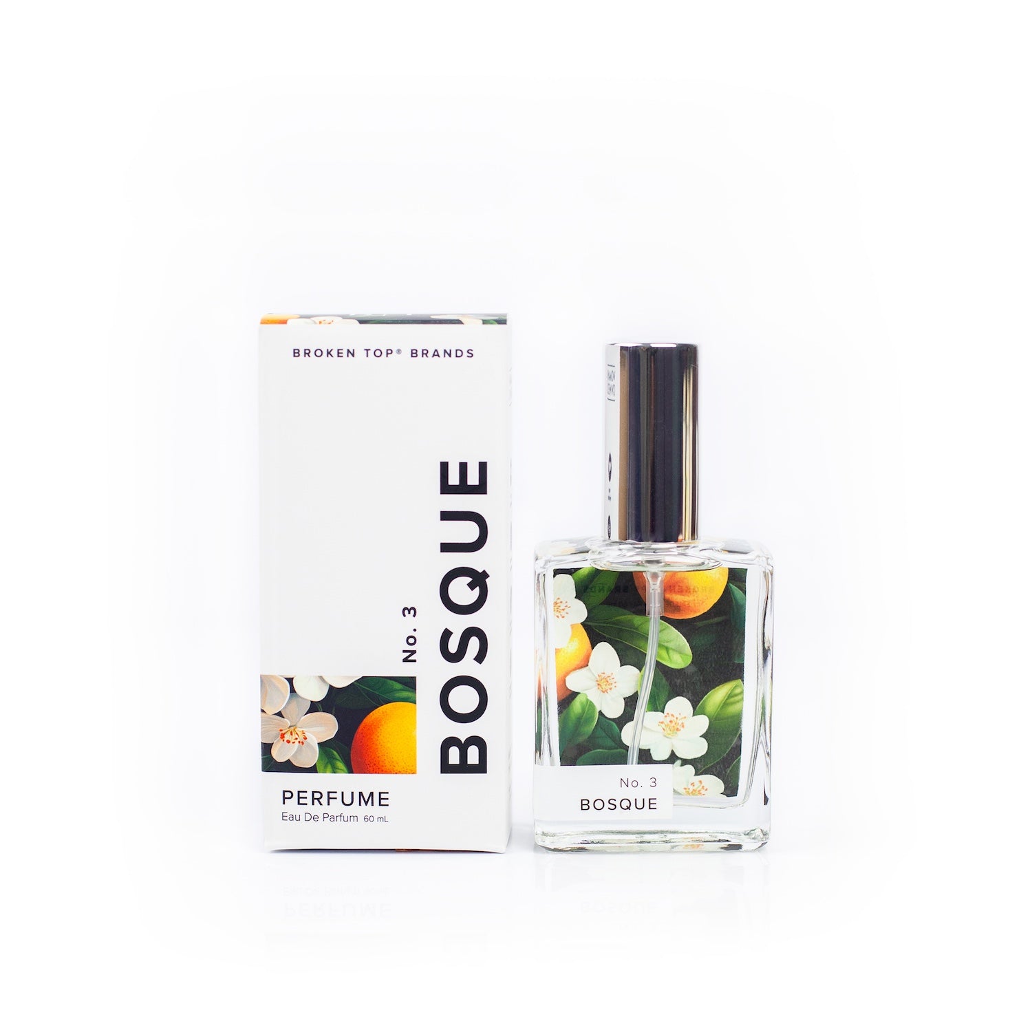 Bosque Perfume bottle and box on white background. 