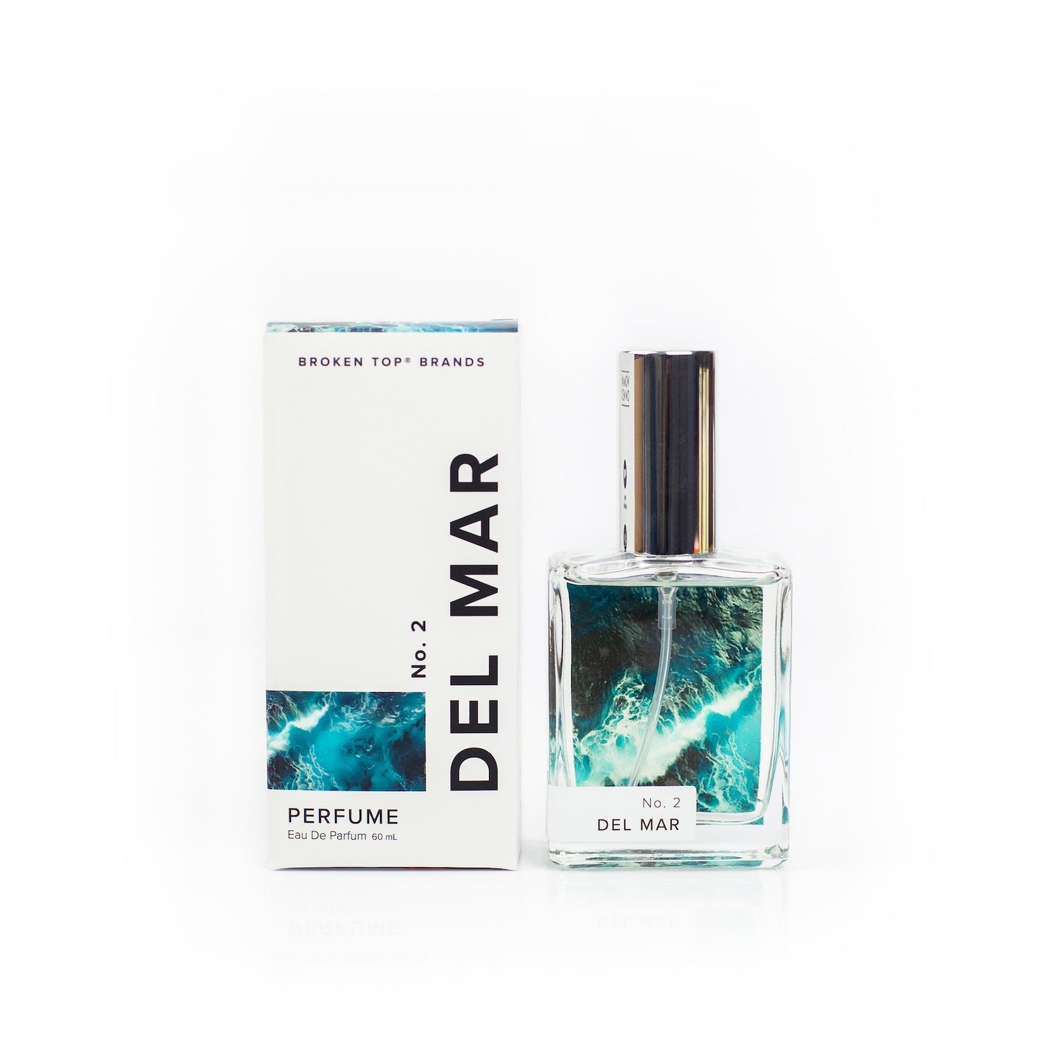 Del Mar Perfume bottle and box on white background. 