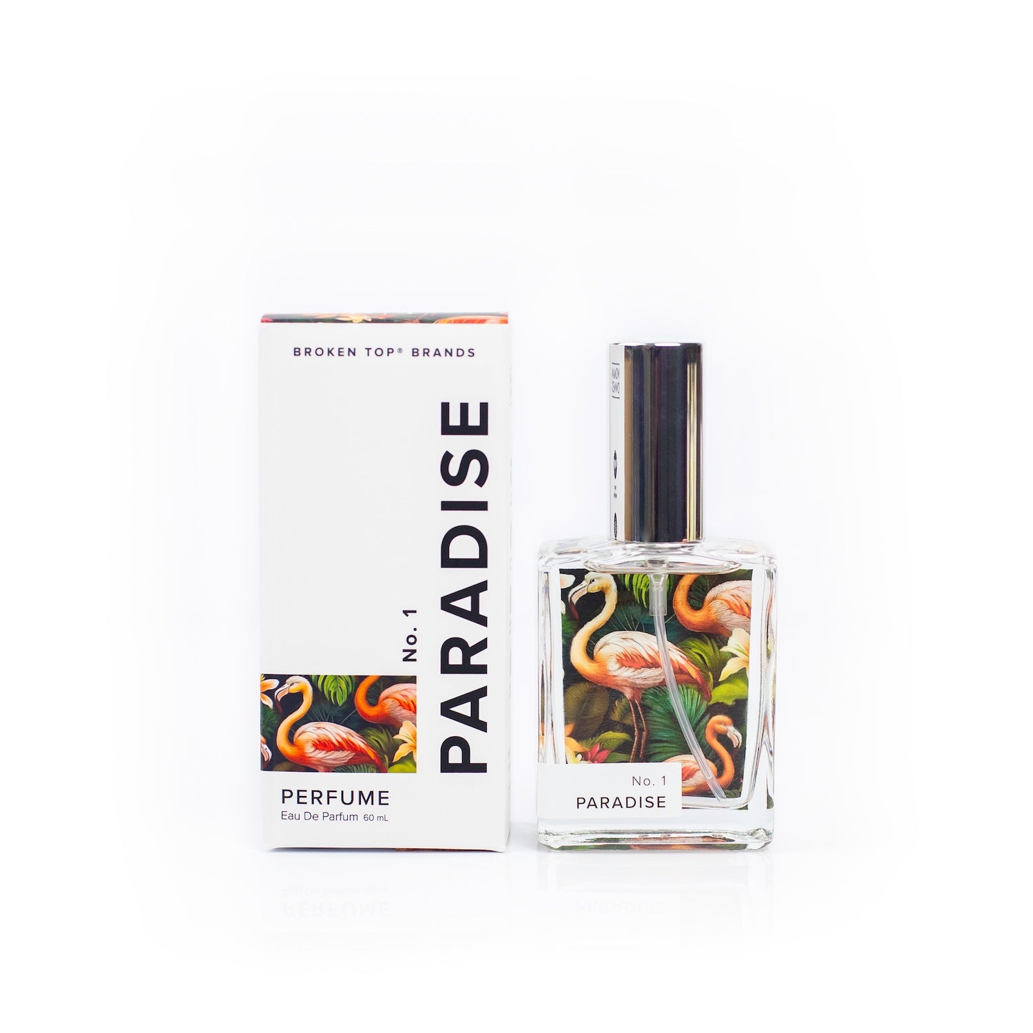 Paradise Perfume box and bottle on white background. 