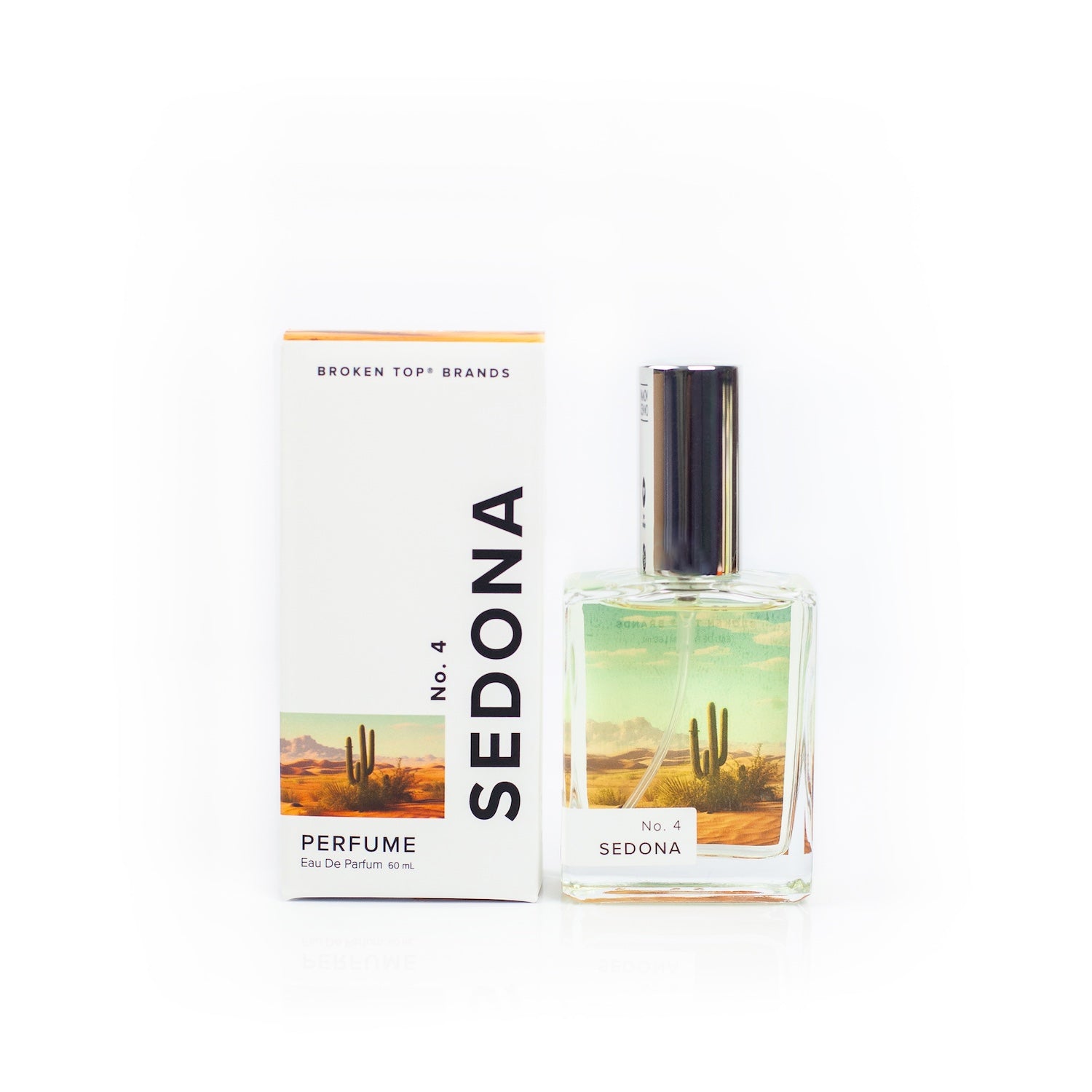 Sedona Perfume bottle and box on white background. 