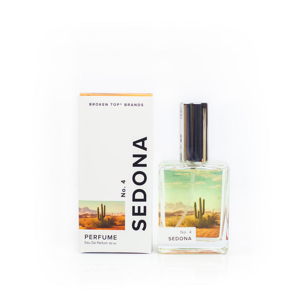 Sedona Perfume bottle and box on white background. 