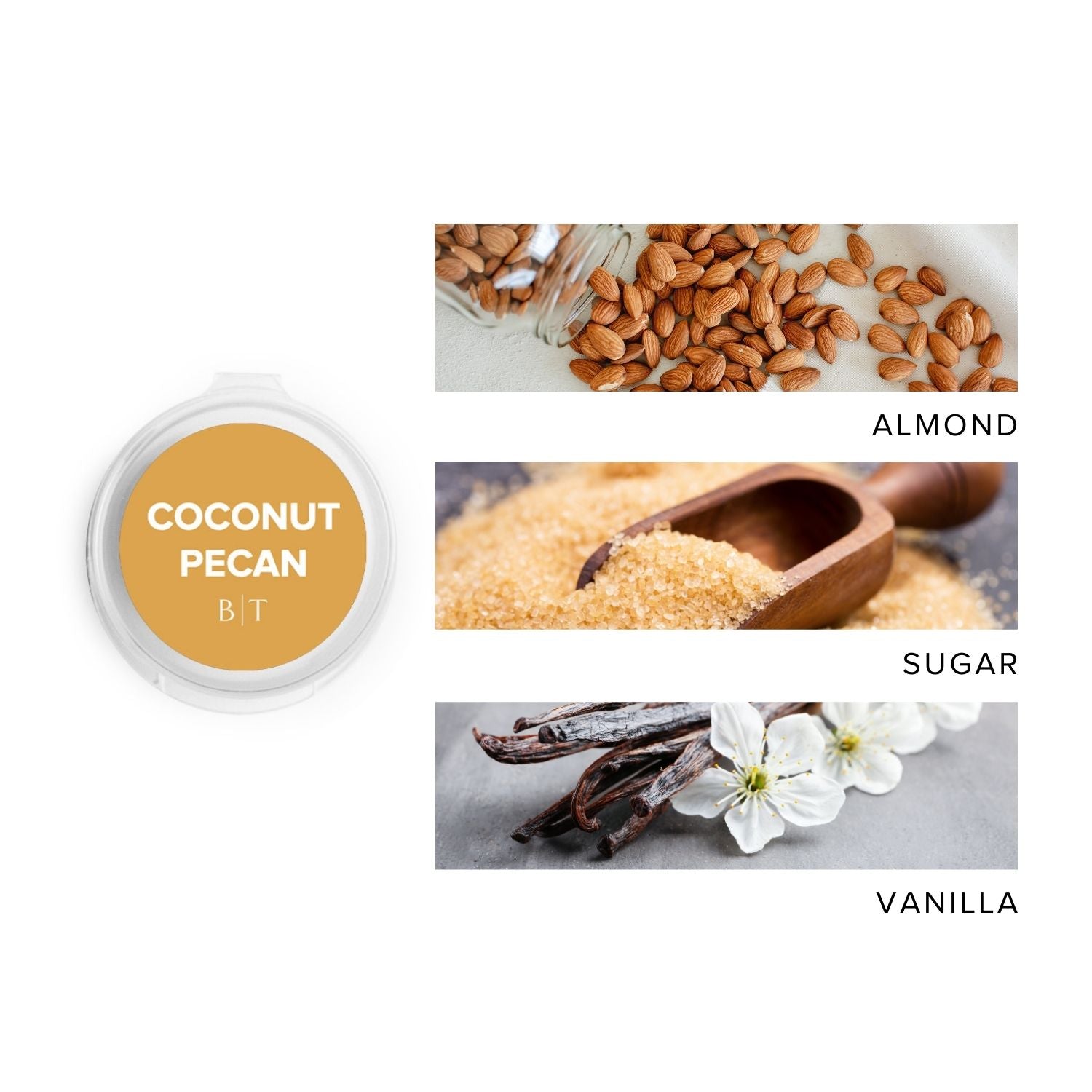 Coconut Pecan Scent Sample next to scent note images of almond, sugar, and vanilla. 
