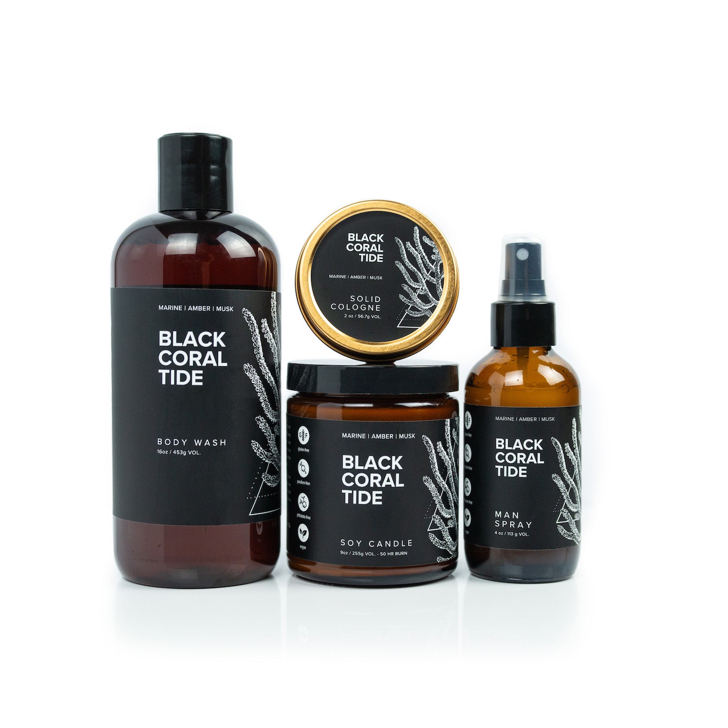 Black Coral Tide Bundle including 16oz Black Coral Tide Body Wash, Black Coral Tide Solid Cologne, 9oz Black Coral Tide Soy Candle, and 4oz Black Coral Tide Man Spray on white background. 