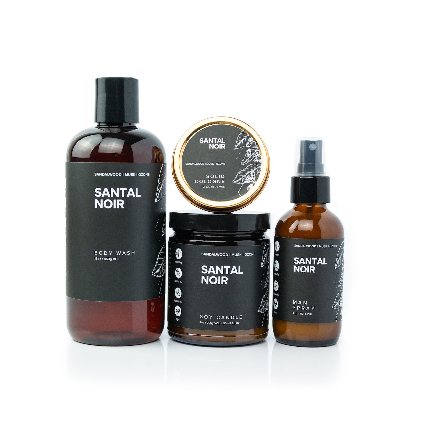 Santal Noir Bundle including 16oz Santal Noir Body Wash, Santal Noir Solid Cologne, 9oz Santal Noir Soy Candle, and 4oz Santal Noir Man Spray on white background. 