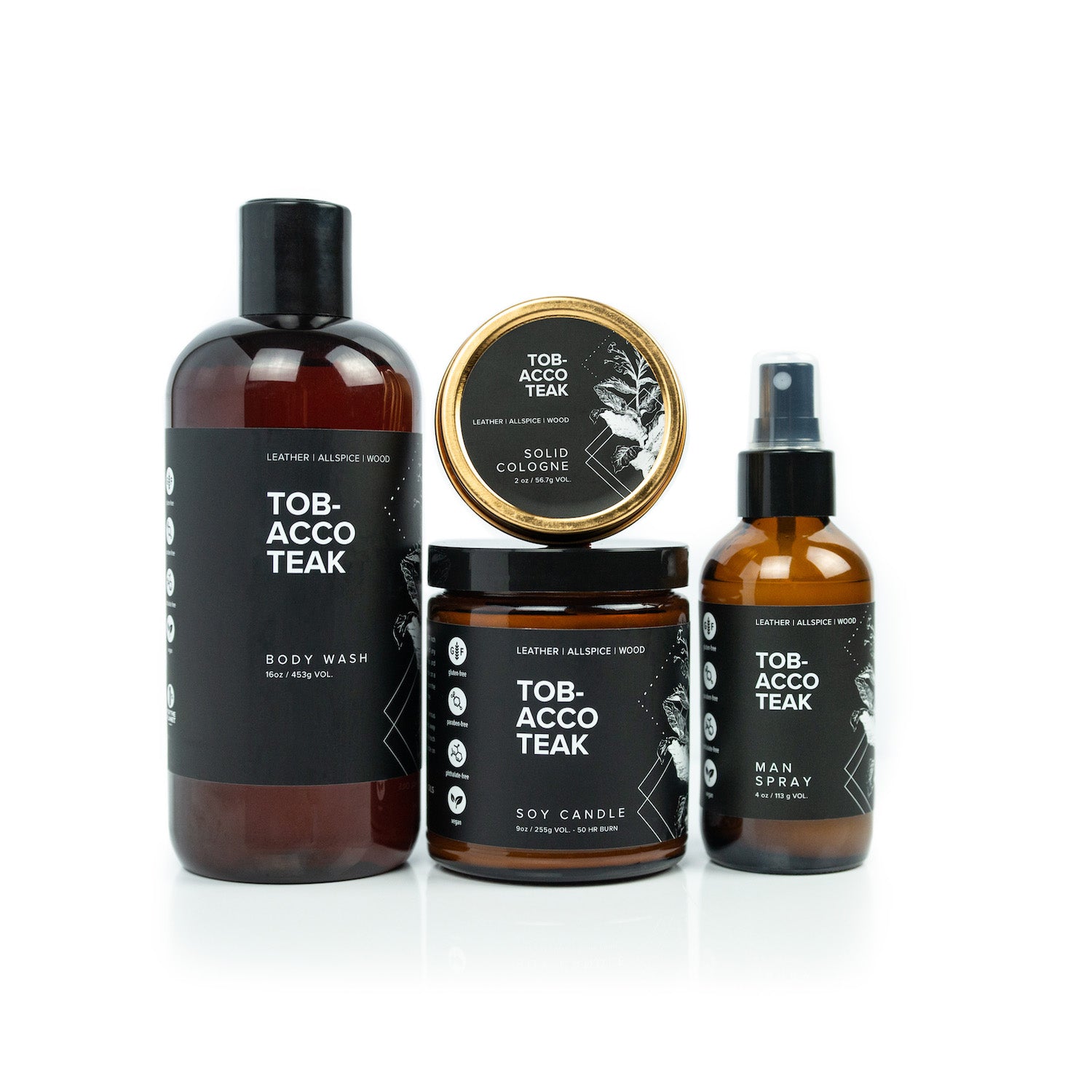 Tobacco Teak Bundle including 16oz Tobacco Teak Body Wash, Tobacco Teak Solid Cologne, 9oz Tobacco Teak Soy Candle, and 4oz Tobacco Teak Man Spray on white background. 