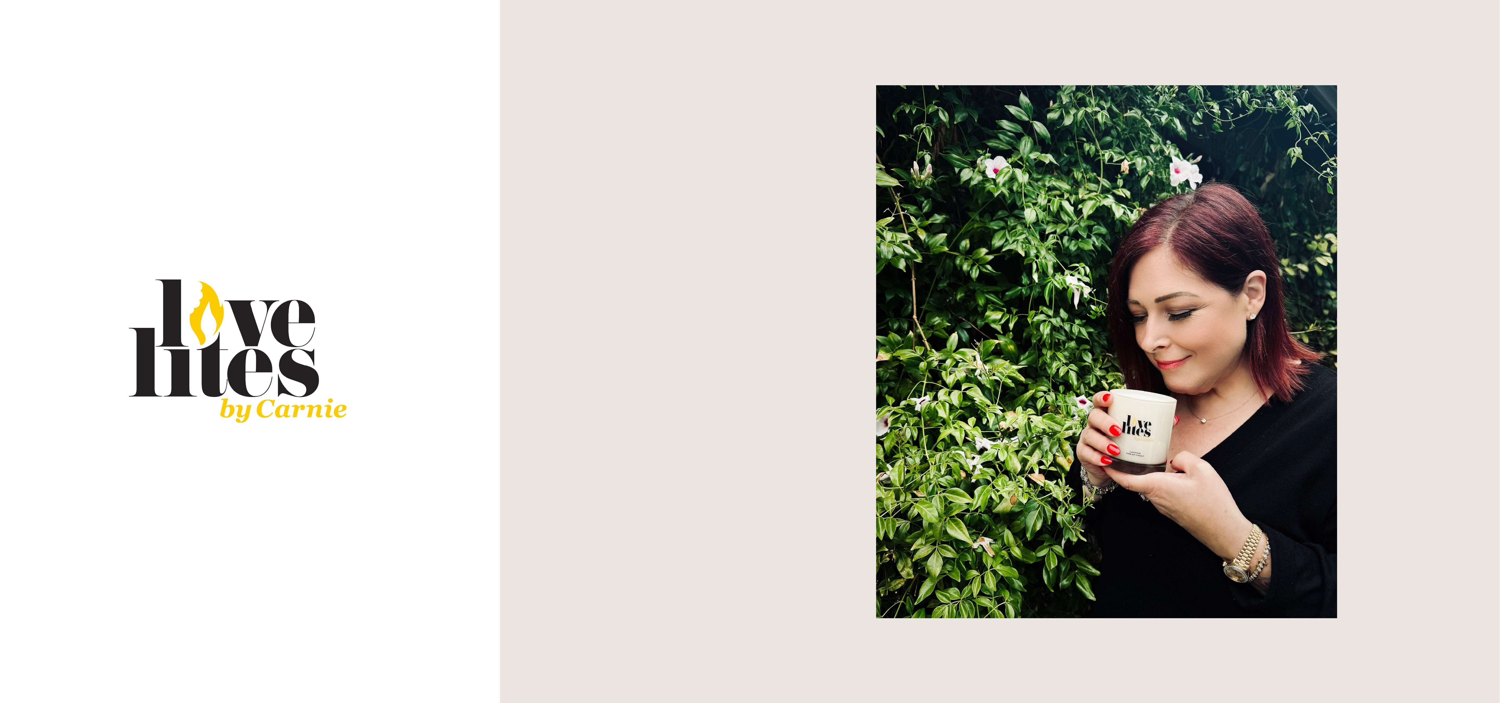 Love Lites by Carnie logo on white background. Image of Carnie Wilson smelling a Love Lites by Carnie candle in front of greenery. 