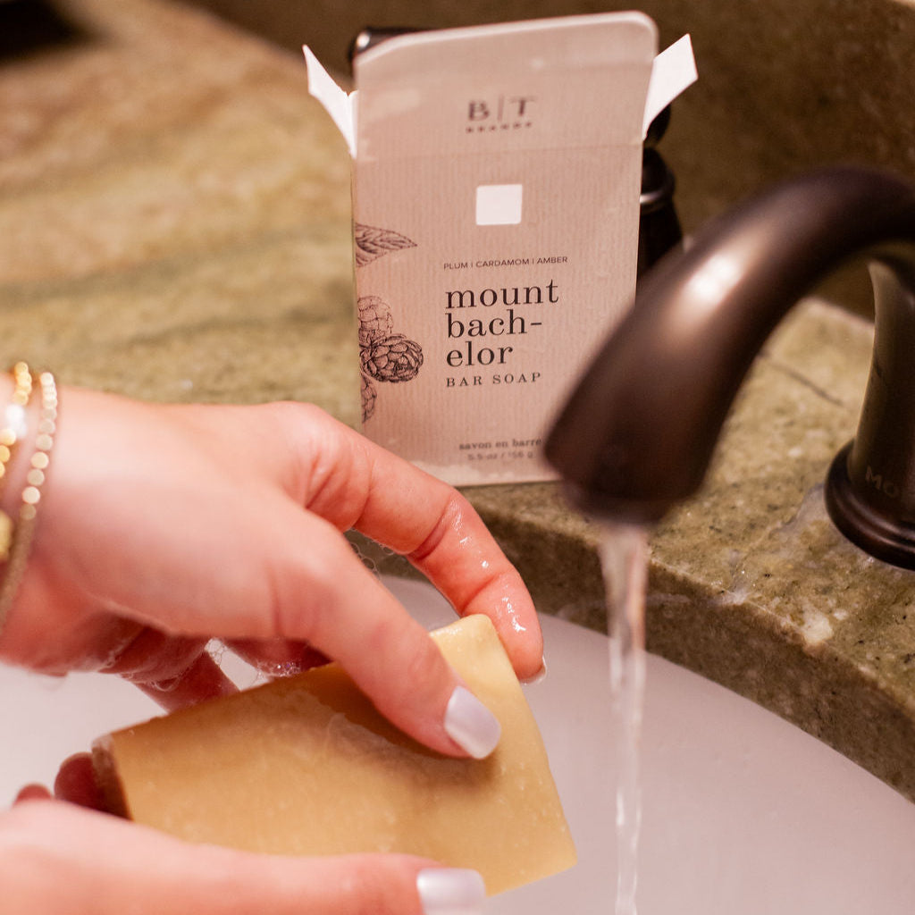 Mount Bachelor Bar Soap on bathroom sink countertop. 