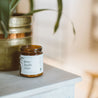 9oz Pineapple Sage Soy Candle on a table next to a plant. 