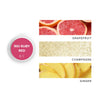 Rio Ruby Red Sniffer Pod next to images of grapefruit, champagne & ginger. 