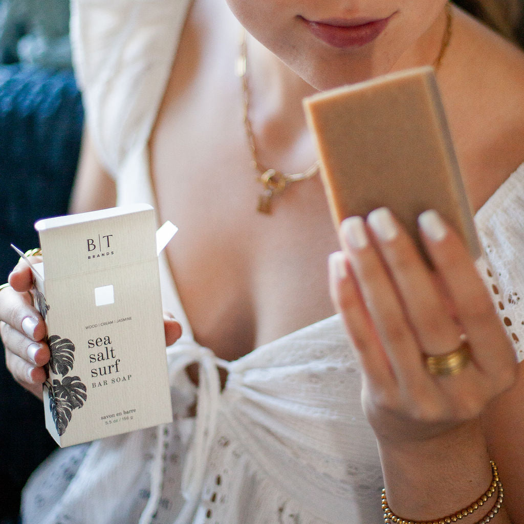 Sea Salt Surf Bar Soap being unboxed. 