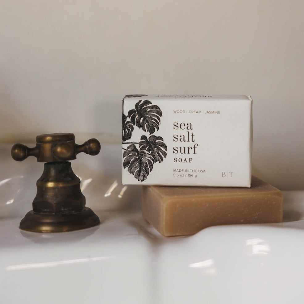 Sea Salt Surf Bar Soap next to bathroom sink. 