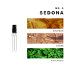 Sedona Perfume Sample with images of scent notes bourbon, cedar, and patchouli. 